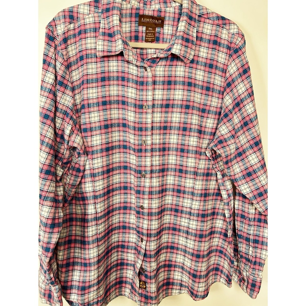 Lincoln Outfitters Men's Plaid Flannel Shirt 3XL Long Sleeve Cotton Pink Blue
